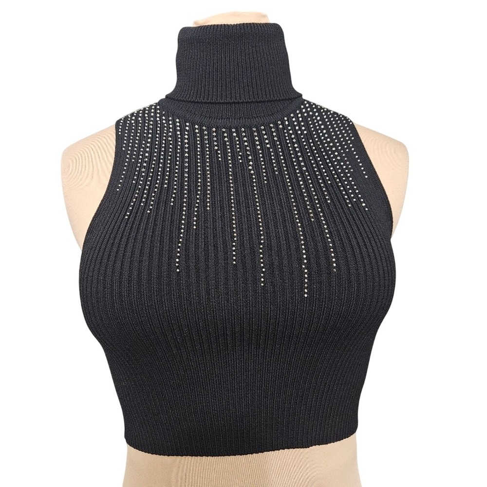 Zara Black Ribbed Sleeveless Turtleneck Crop Top with Studded Medium Mob Wife